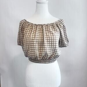 GILLI CREAM PUFFED SMOCKED ELASTIC CROPPED BLOUSE GINGHAM PATTERN SIZE S
